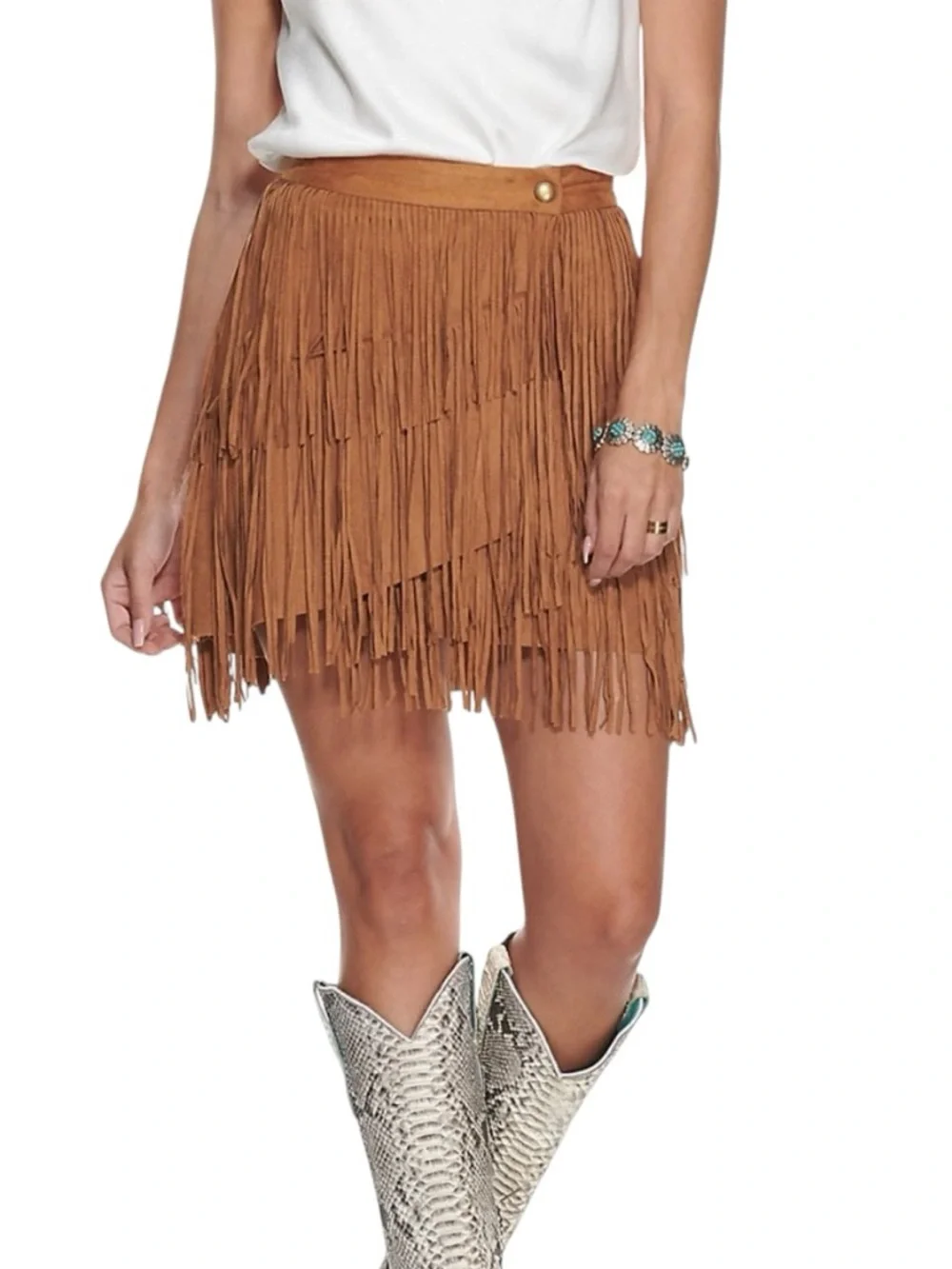 Blue b Caramel Brown Faux Suede Wrap Three Tiered Fringe Western Mini Skirt